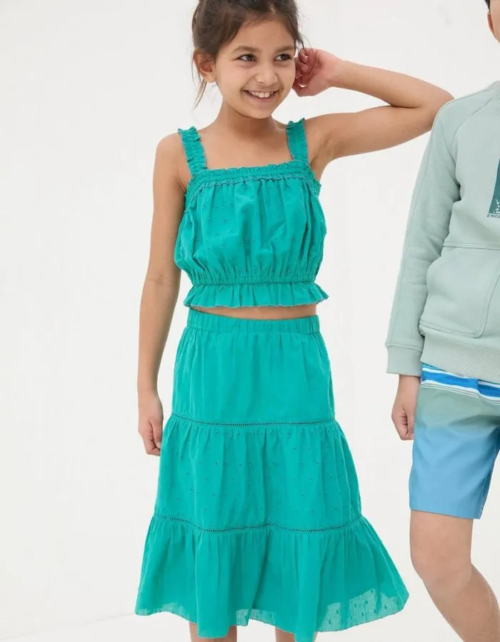 Girls Dresses Skirts and Jumpsuits FatFace Broderie Skirt and Top Set Teal Green