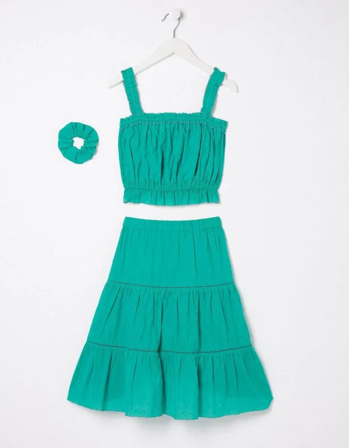 Girls Dresses Skirts and Jumpsuits FatFace Broderie Skirt and Top Set Teal Green