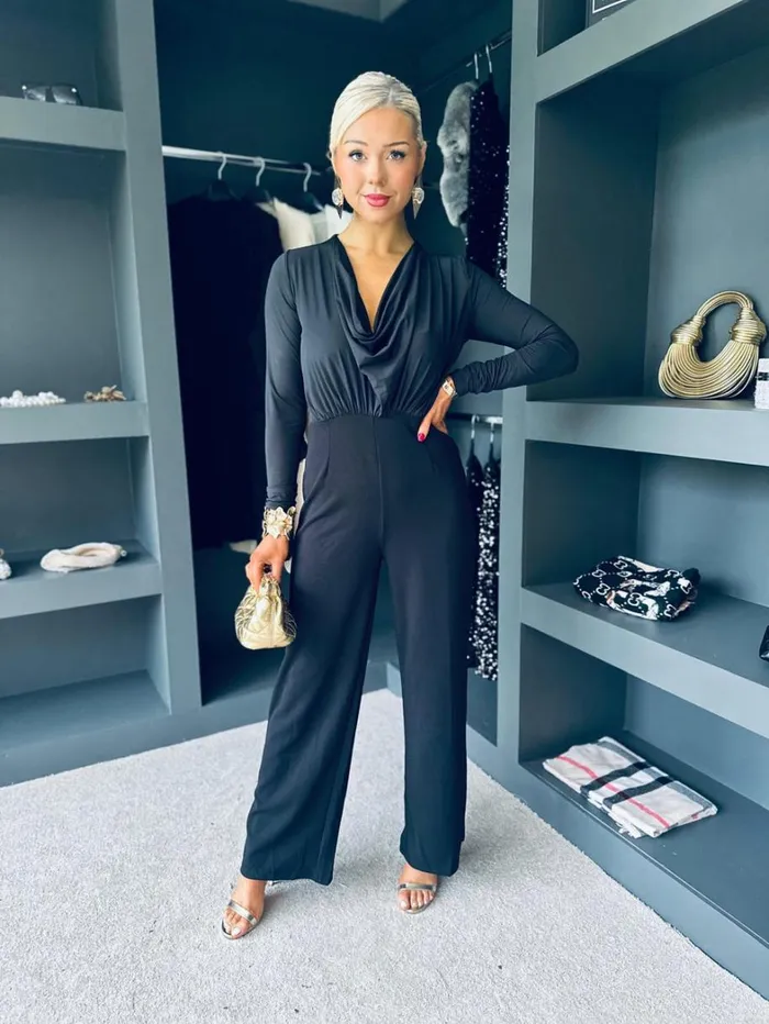 Giselle Cowl Neck Long Sleeve Jumpsuit In Black Womens Canella Lane Sets and Jumpsuits