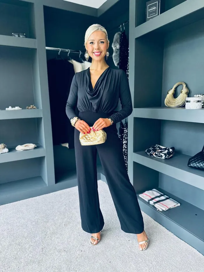 Giselle Cowl Neck Long Sleeve Jumpsuit In Black Womens Canella Lane Sets and Jumpsuits