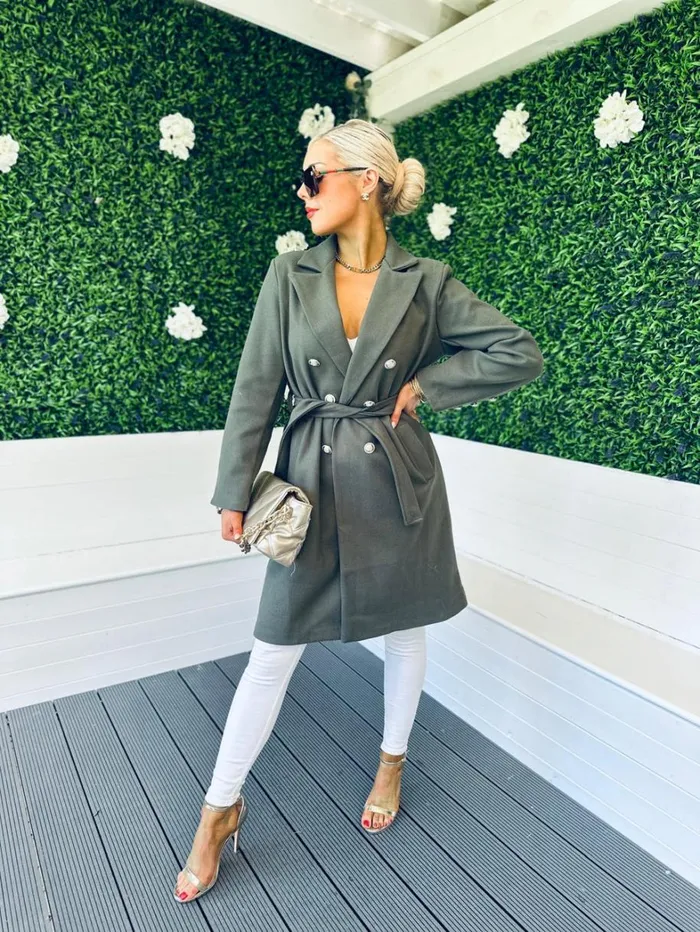 Grace Belted Longline Coat Khaki Womens Canella Lane Coats and Jackets