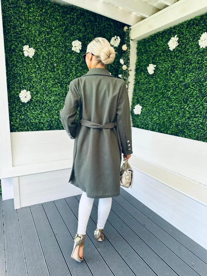 Grace Belted Longline Coat Khaki Womens Canella Lane Coats and Jackets