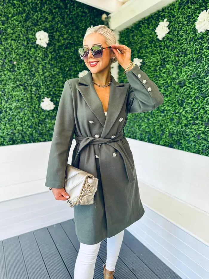 Grace Belted Longline Coat Khaki Womens Canella Lane Coats and Jackets