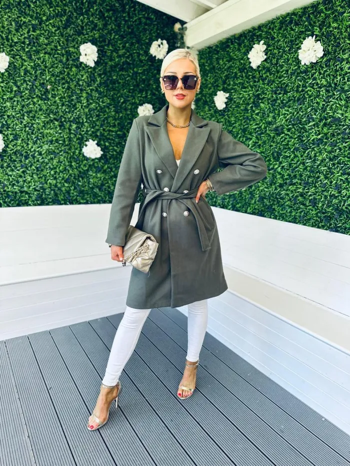 Grace Belted Longline Coat Khaki Womens Canella Lane Coats and Jackets