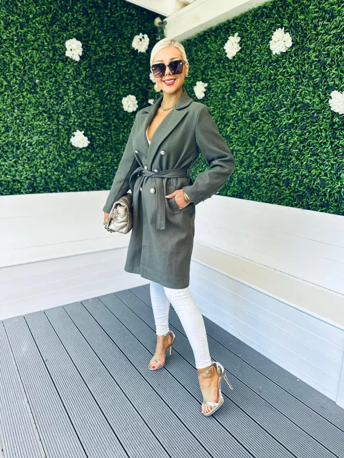 Grace Belted Longline Coat Khaki Womens Canella Lane Coats and Jackets
