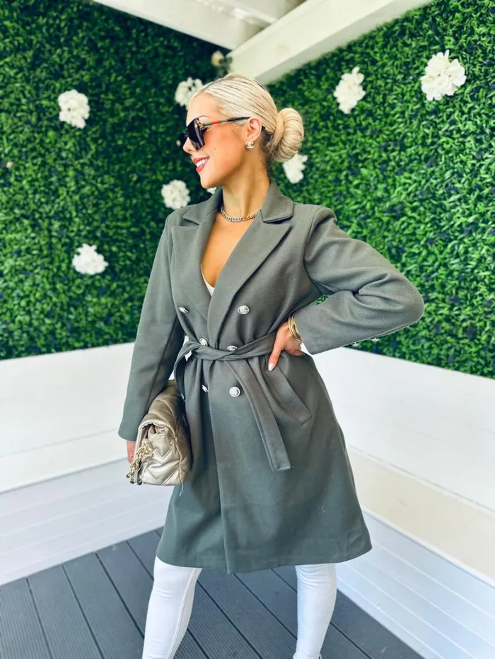 Grace Belted Longline Coat Khaki Womens Canella Lane Coats and Jackets
