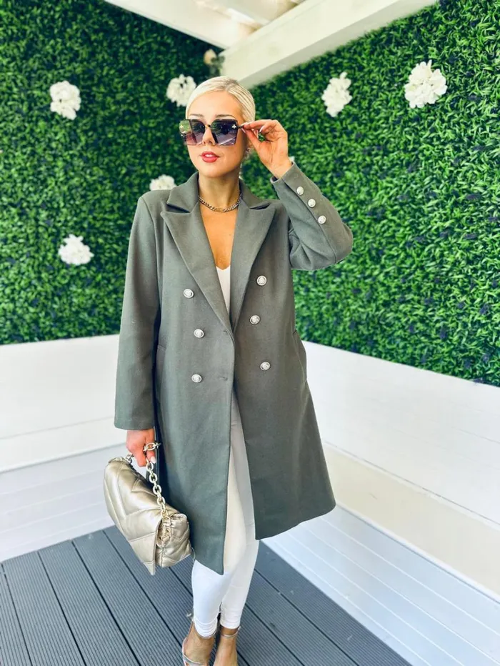 Grace Belted Longline Coat Khaki Womens Canella Lane Coats and Jackets
