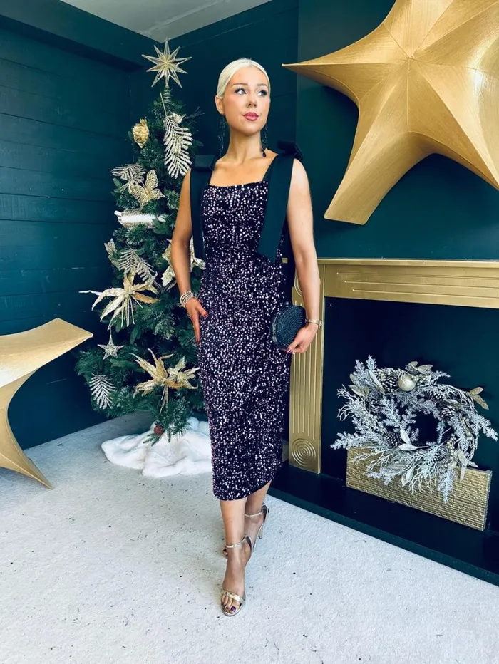 Grace Bow Detail Sequin Midi Dress Purple Womens Canella Lane Evening Dress