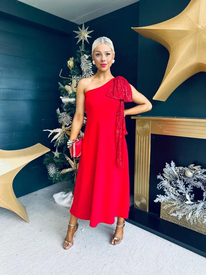 Hailey Sequin Bow Detail Dress Red Womens Canella Lane Evening Dress