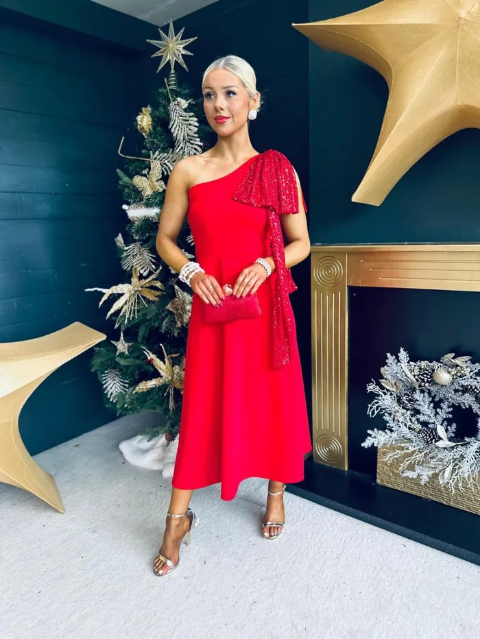 Hailey Sequin Bow Detail Dress Red Womens Canella Lane Evening Dress