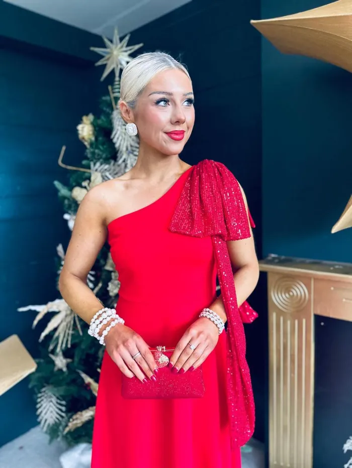 Hailey Sequin Bow Detail Dress Red Womens Canella Lane Evening Dress