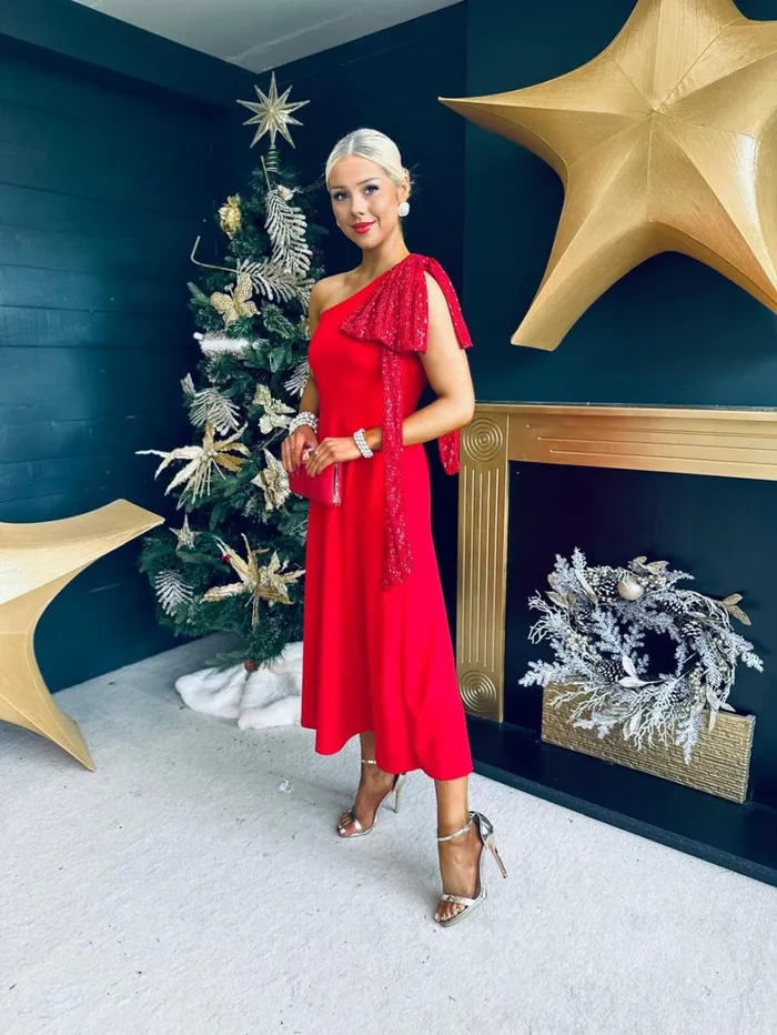 Hailey Sequin Bow Detail Dress Red Womens Canella Lane Evening Dress
