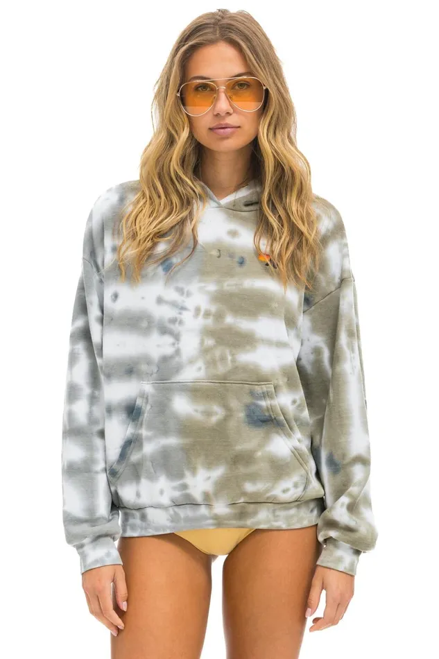 HAND DYED PULLOVER HOODIE RELAXED 8211 TIE DYE GREY OLIVE Women Aviator Nation Hoodies