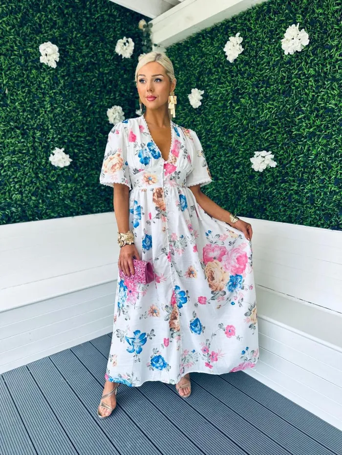Havana Floral Button Down Maxi Dress White Womens Canella Lane Mini