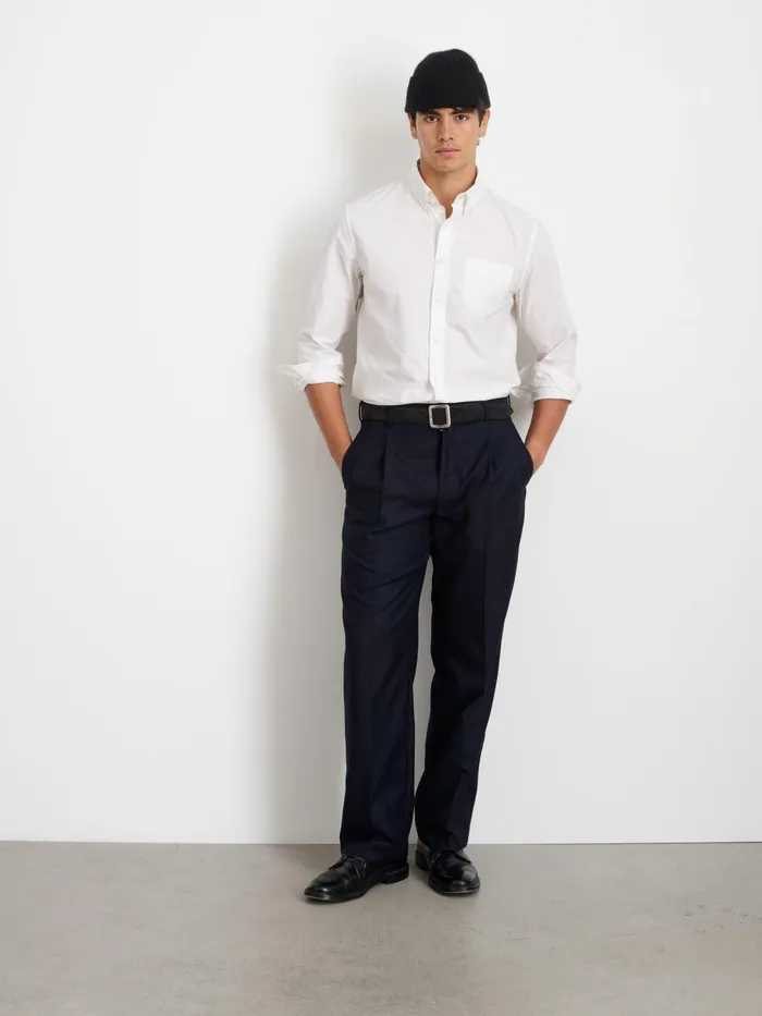 Henry Pleated Trouser In Wool Flannel Navy Men Alex Mill Suiting Blazers