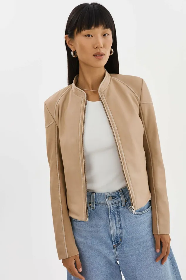 Hira Fitted Leather Jacket Distressed Wheat Women Lamarque LEATHER JACKETS