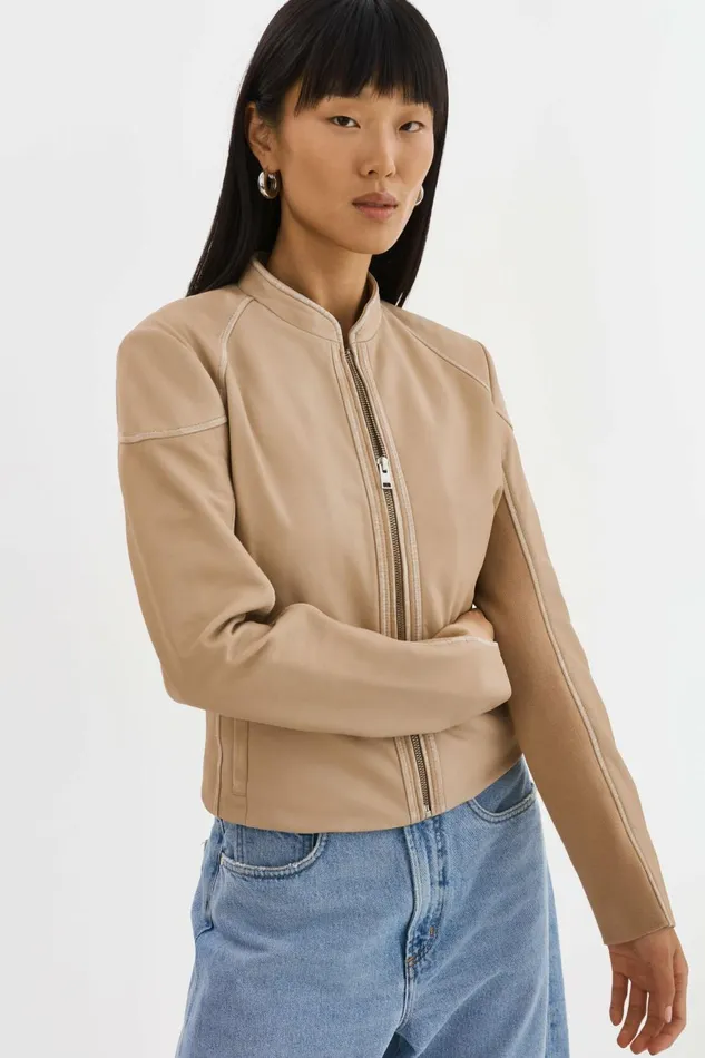 Hira Fitted Leather Jacket Distressed Wheat Women Lamarque LEATHER JACKETS