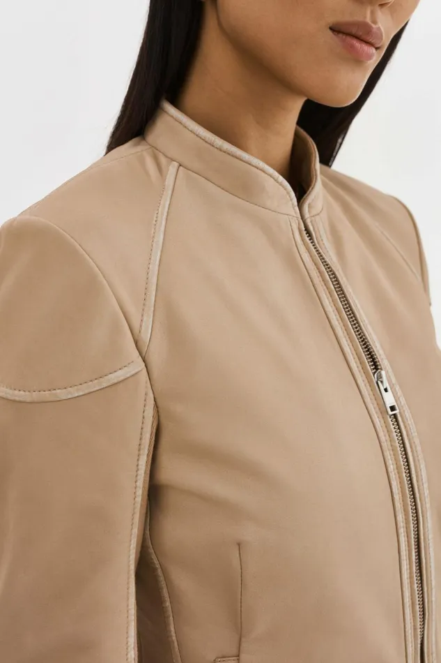 Hira Fitted Leather Jacket Distressed Wheat Women Lamarque LEATHER JACKETS