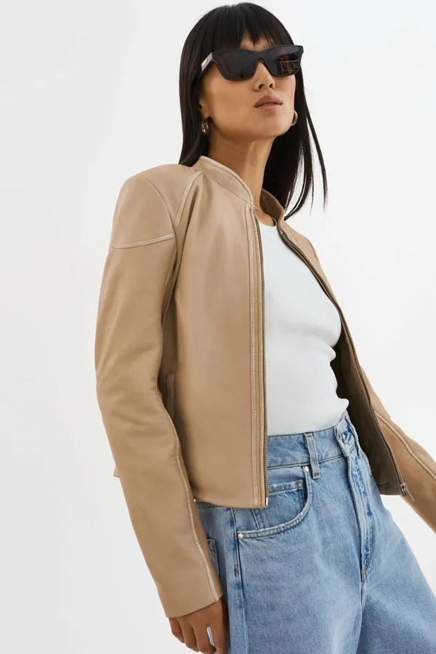 Hira Fitted Leather Jacket Distressed Wheat Women Lamarque LEATHER JACKETS