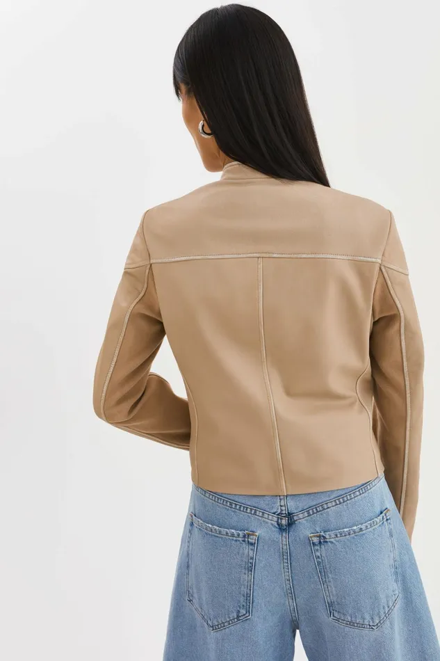 Hira Fitted Leather Jacket Distressed Wheat Women Lamarque LEATHER JACKETS