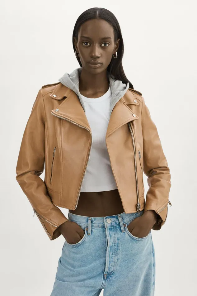 Holy Leather Biker Jacket With Removable Hood Sesame Women Lamarque LEATHER JACKETS