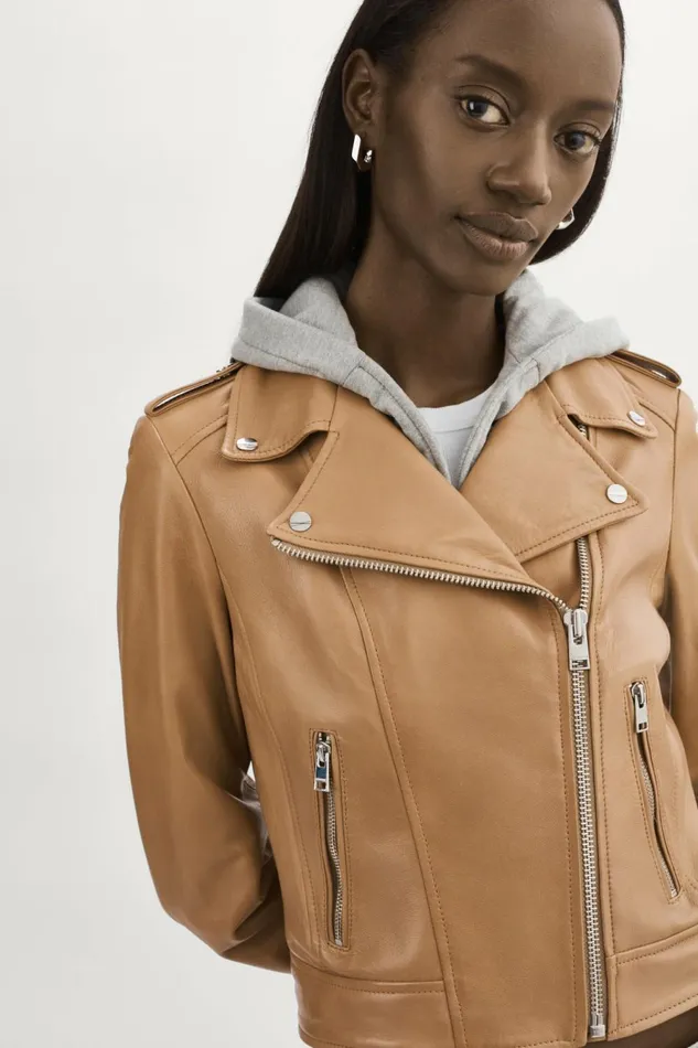 Holy Leather Biker Jacket With Removable Hood Sesame Women Lamarque LEATHER JACKETS