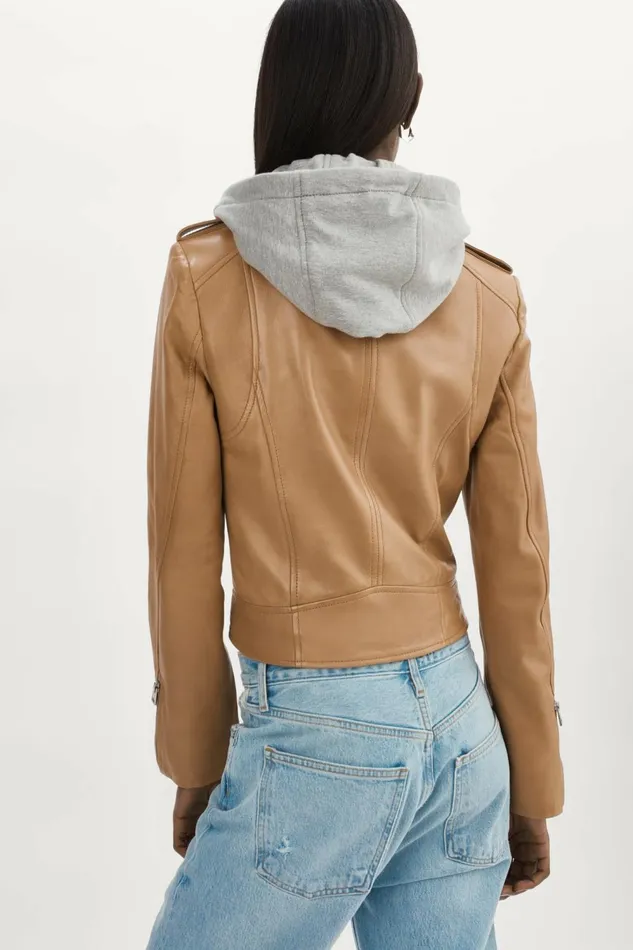 Holy Leather Biker Jacket With Removable Hood Sesame Women Lamarque LEATHER JACKETS
