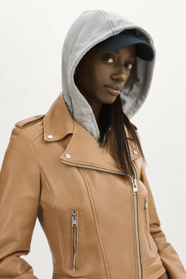 Holy Leather Biker Jacket With Removable Hood Sesame Women Lamarque LEATHER JACKETS