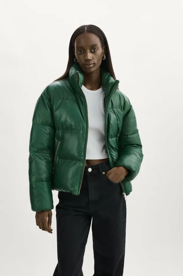 Iris Leather Puffer Jacket Bottle Green Women Lamarque LEATHER JACKETS