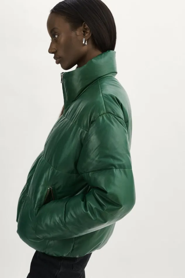 Iris Leather Puffer Jacket Bottle Green Women Lamarque LEATHER JACKETS