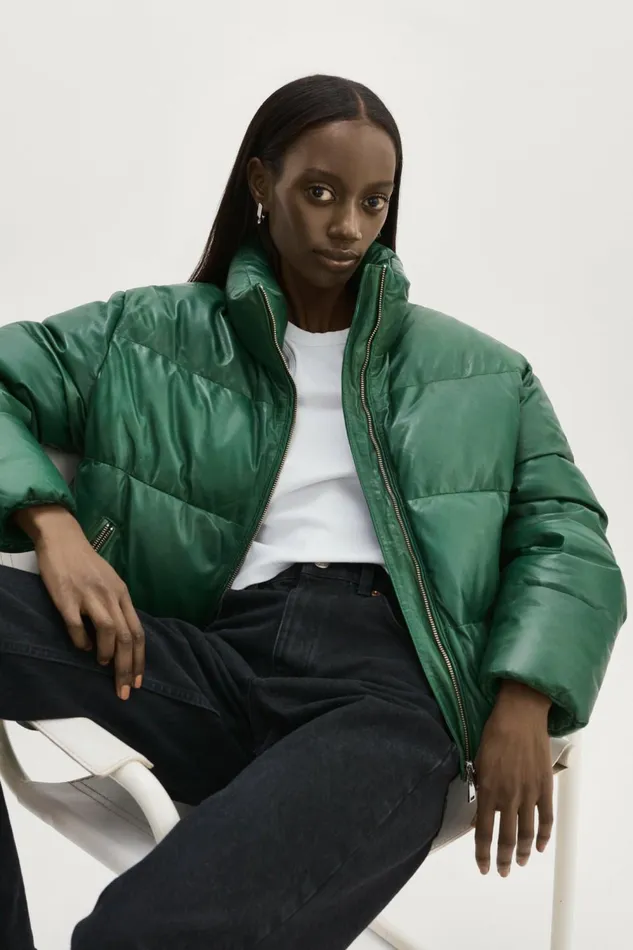 Iris Leather Puffer Jacket Bottle Green Women Lamarque LEATHER JACKETS