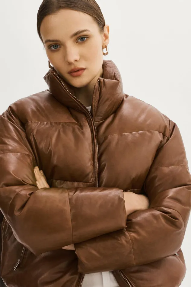 Iris Leather Puffer Jacket Dark Cognac Women Lamarque LEATHER JACKETS