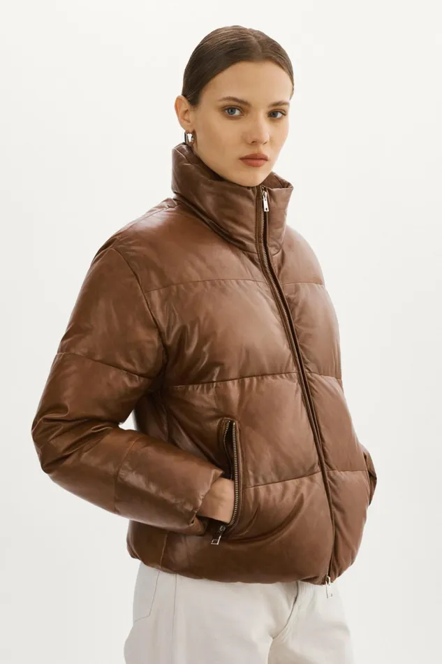 Iris Leather Puffer Jacket Dark Cognac Women Lamarque LEATHER JACKETS