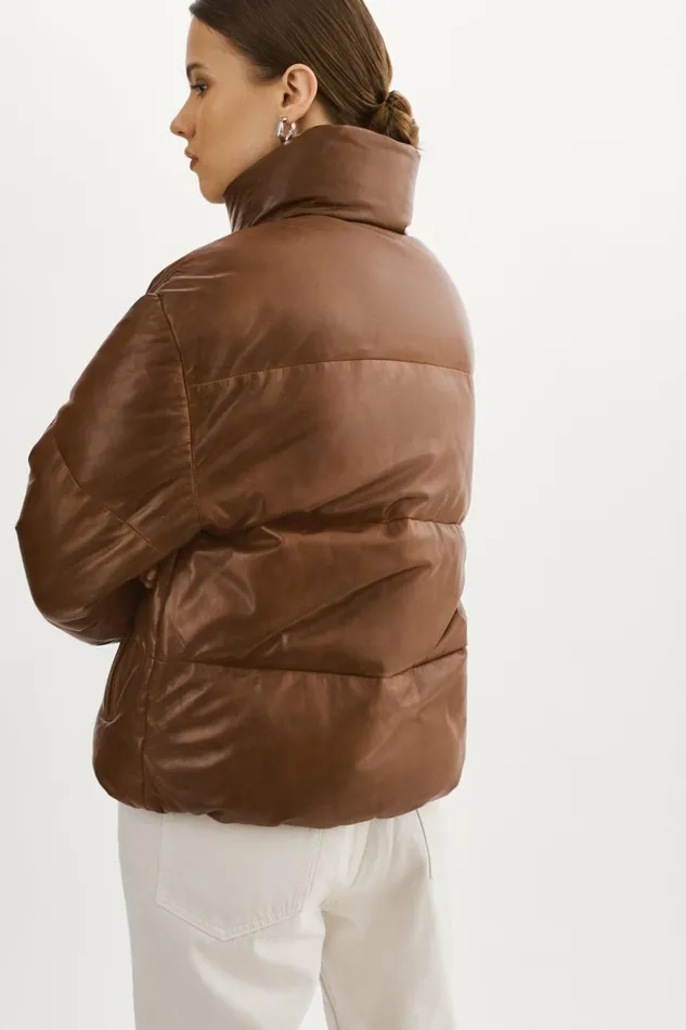 Iris Leather Puffer Jacket Dark Cognac Women Lamarque LEATHER JACKETS