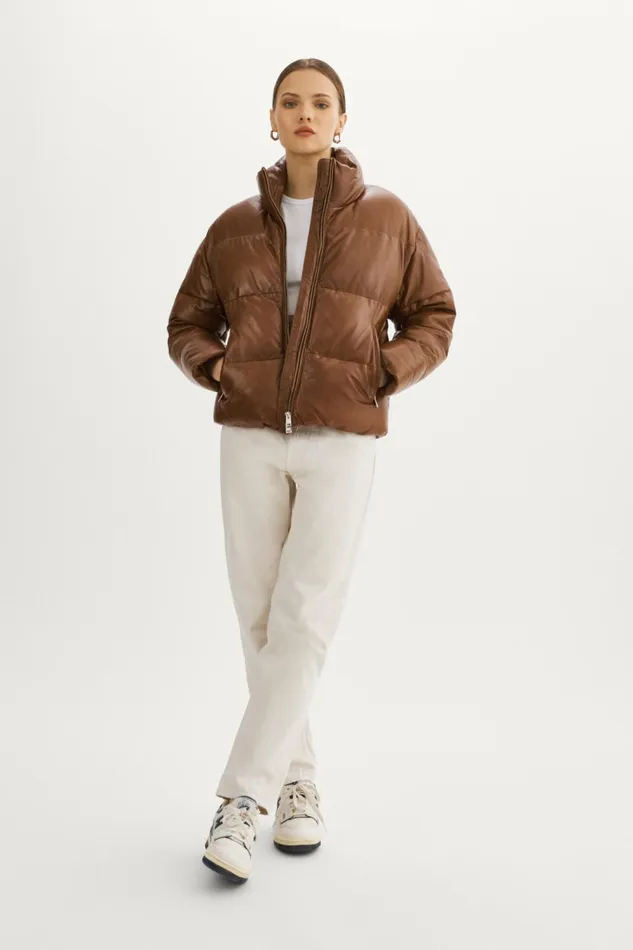 Iris Leather Puffer Jacket Dark Cognac Women Lamarque LEATHER JACKETS