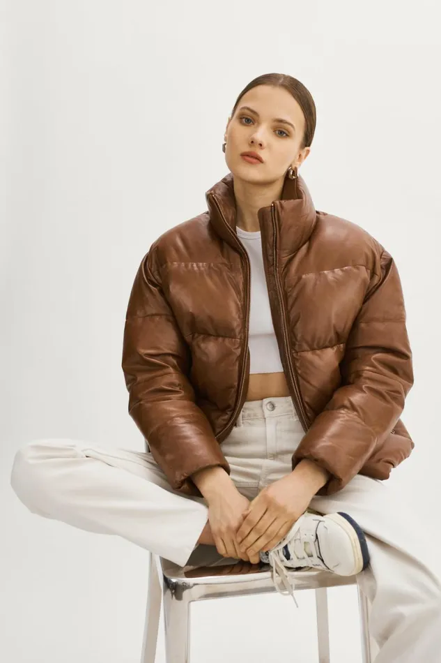 Iris Leather Puffer Jacket Dark Cognac Women Lamarque LEATHER JACKETS