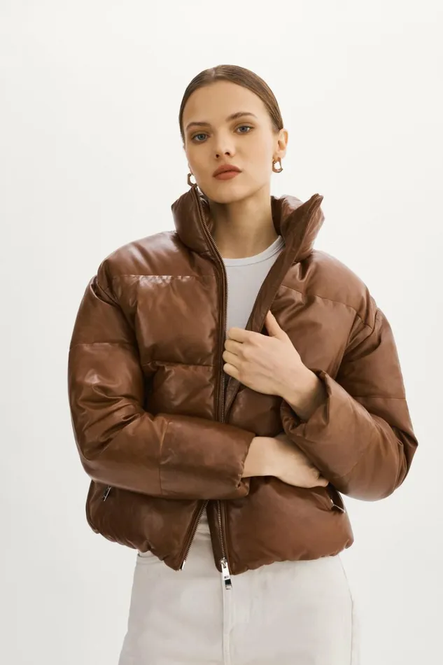 Iris Leather Puffer Jacket Dark Cognac Women Lamarque LEATHER JACKETS
