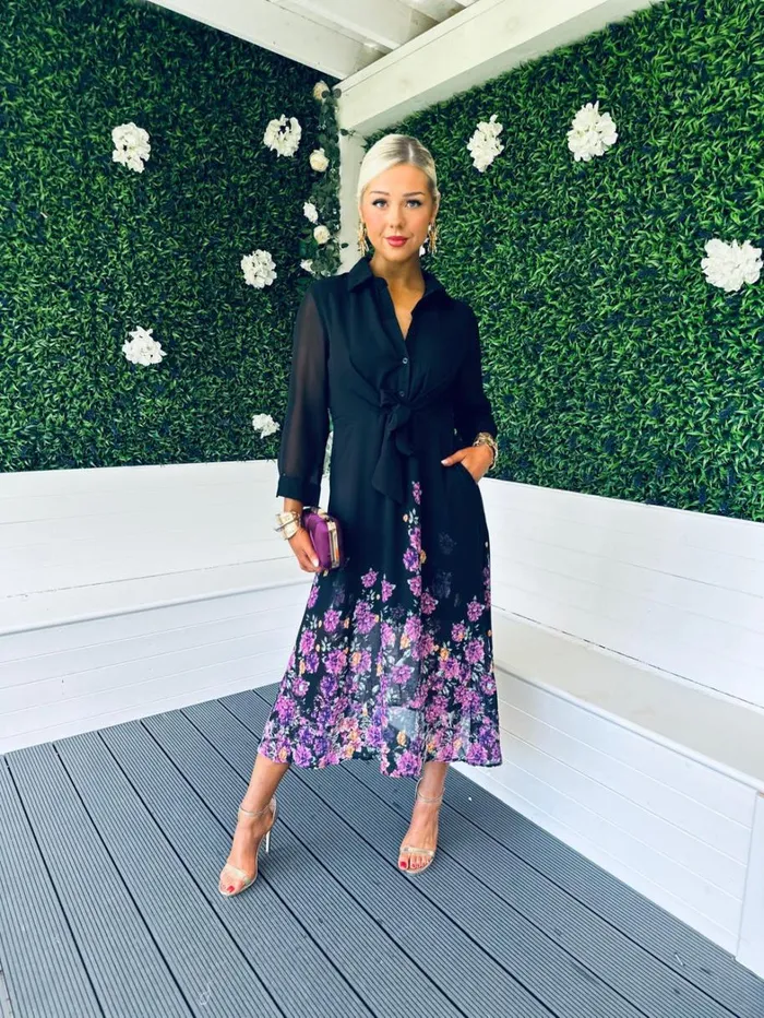 Isabella Tie Front Shirt Dress Black Purple Floral Womens Canella Lane Maxi