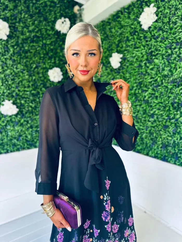 Isabella Tie Front Shirt Dress Black Purple Floral Womens Canella Lane Maxi