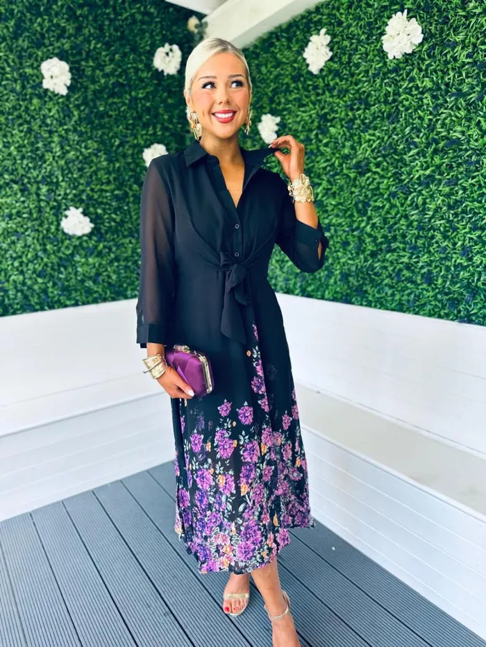 Isabella Tie Front Shirt Dress Black Purple Floral Womens Canella Lane Maxi