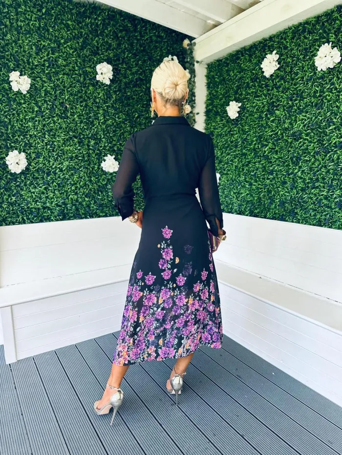 Isabella Tie Front Shirt Dress Black Purple Floral Womens Canella Lane Maxi