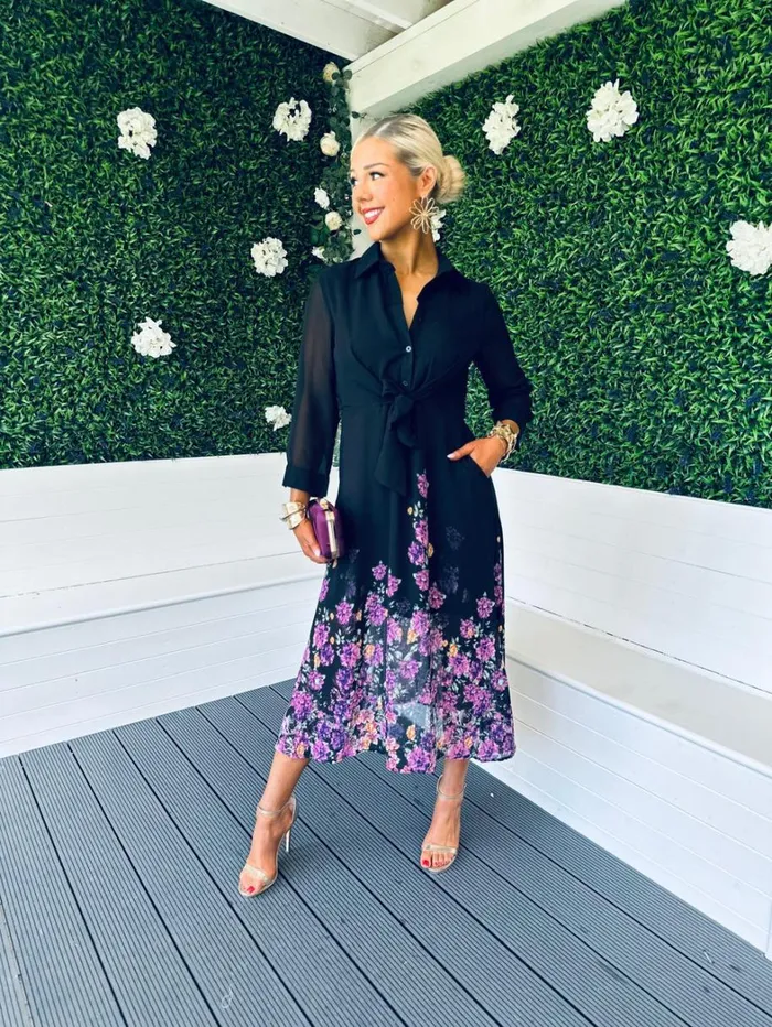 Isabella Tie Front Shirt Dress Black Purple Floral Womens Canella Lane Maxi