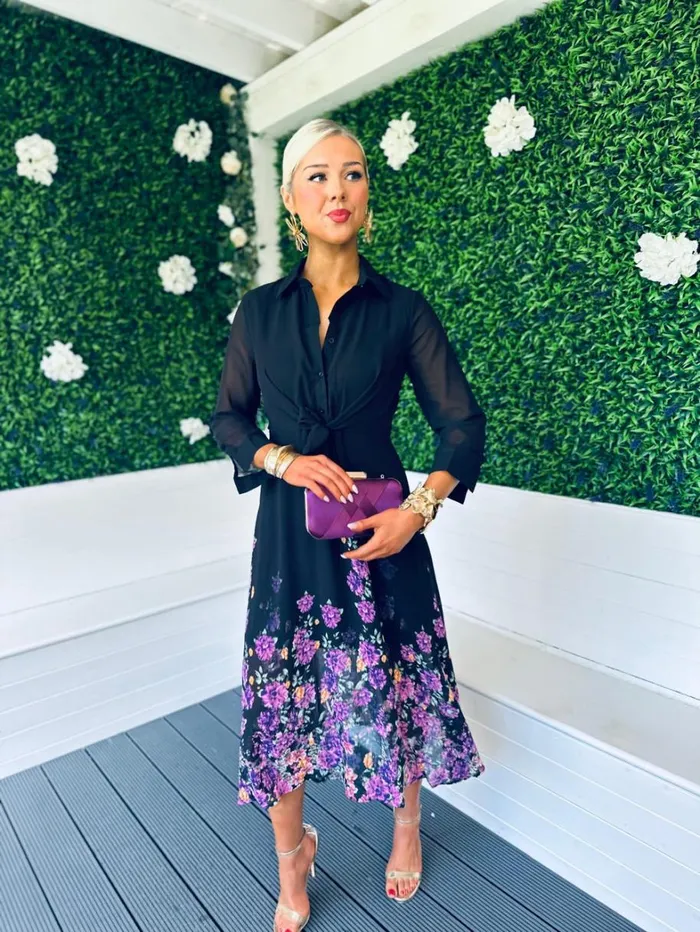 Isabella Tie Front Shirt Dress Black Purple Floral Womens Canella Lane Maxi