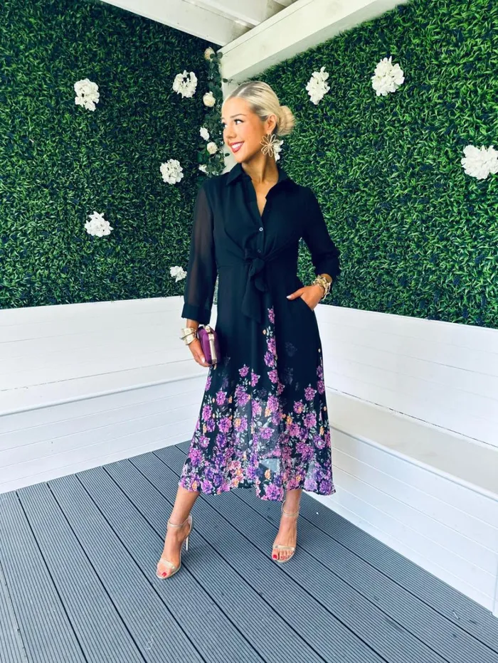 Isabella Tie Front Shirt Dress Black Purple Floral Womens Canella Lane Maxi