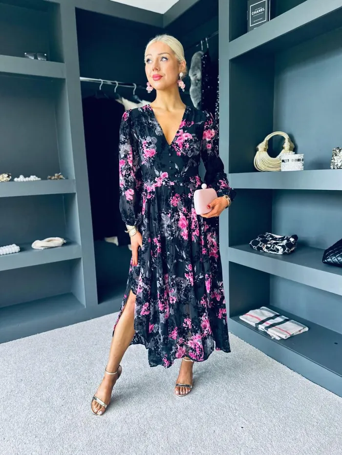 Jade Midi Dress Burnout Black Pink Womens Canella Lane Maxi