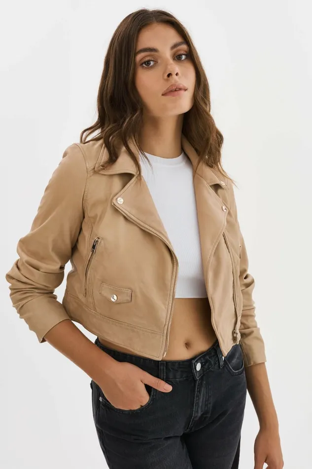 Janika Cropped Leather Biker Jacket Wheat Women Lamarque LEATHER JACKETS