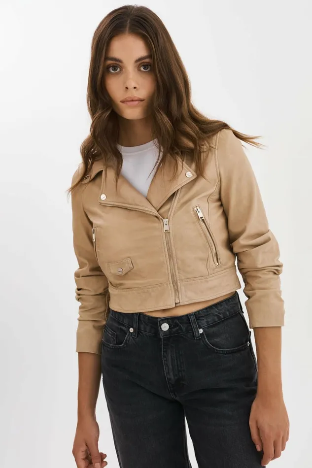 Janika Cropped Leather Biker Jacket Wheat Women Lamarque LEATHER JACKETS