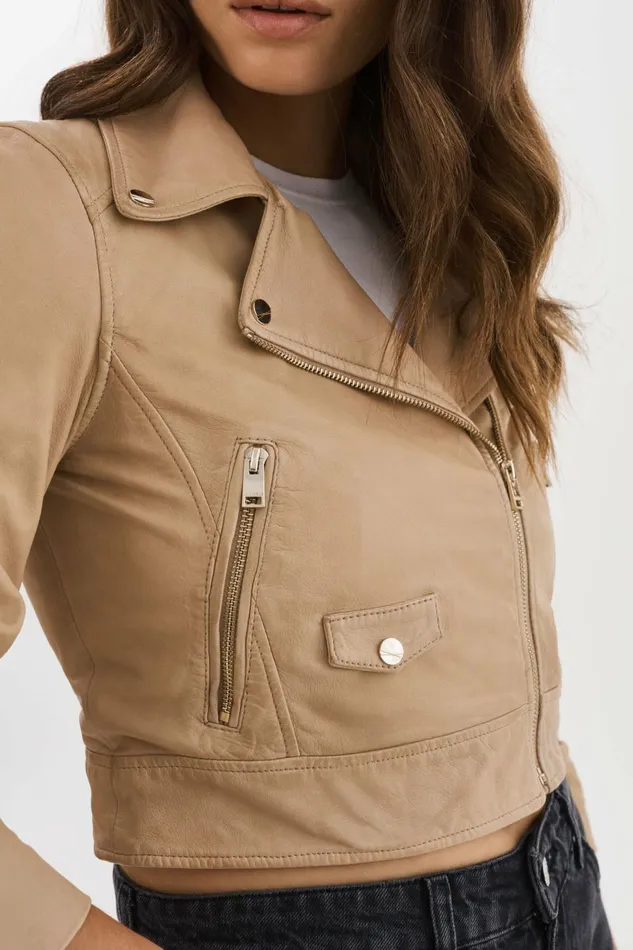 Janika Cropped Leather Biker Jacket Wheat Women Lamarque LEATHER JACKETS