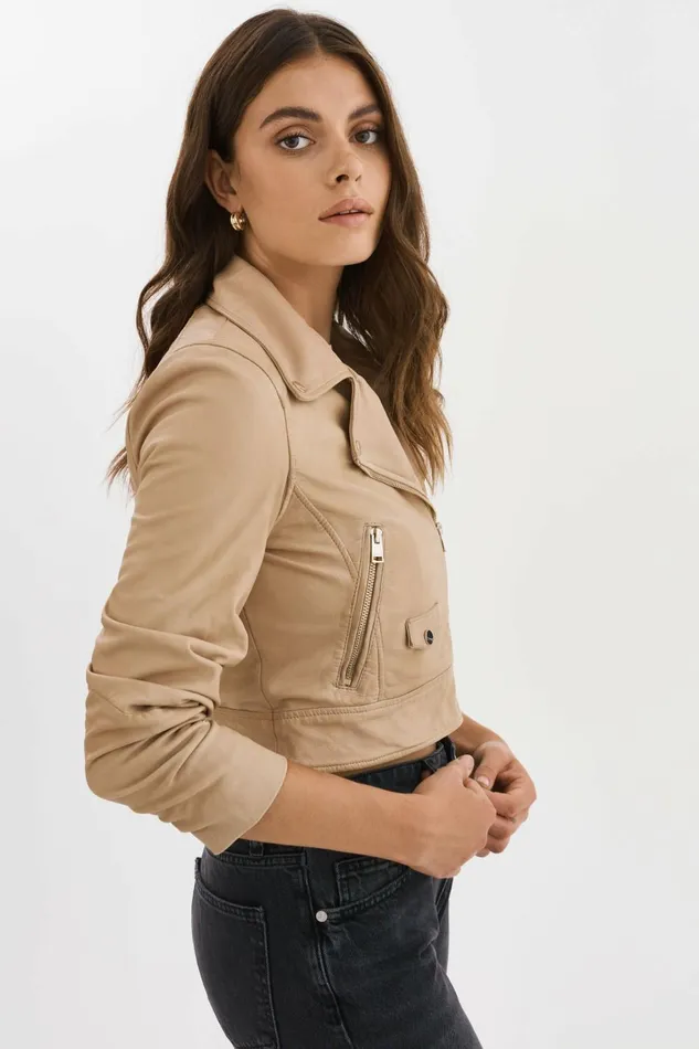 Janika Cropped Leather Biker Jacket Wheat Women Lamarque LEATHER JACKETS