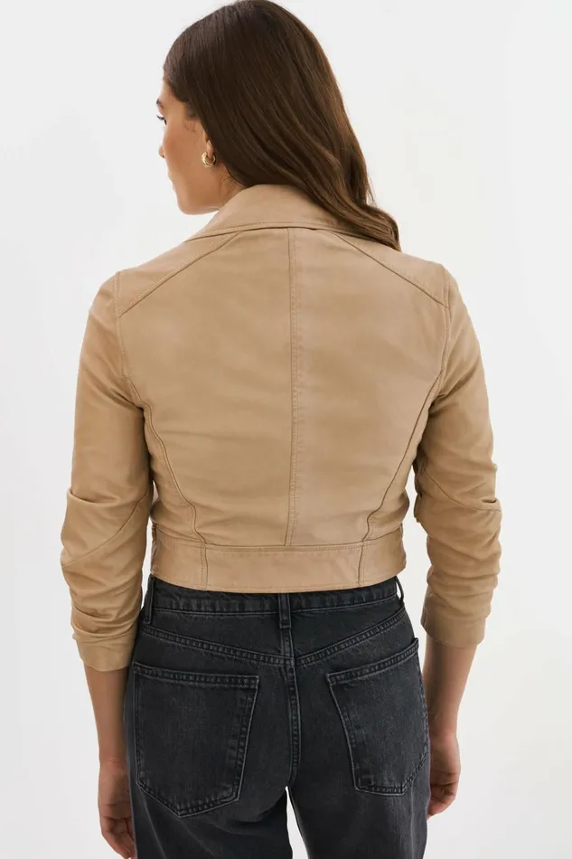 Janika Cropped Leather Biker Jacket Wheat Women Lamarque LEATHER JACKETS